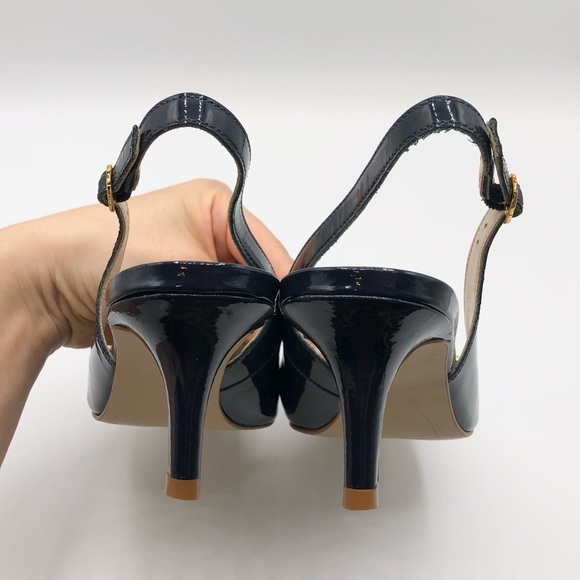 Lily Pulitzer Navy Patent Leather Pointed Toe Sling Back Kitten Heel Size 6.5 - Picture 7 of 8